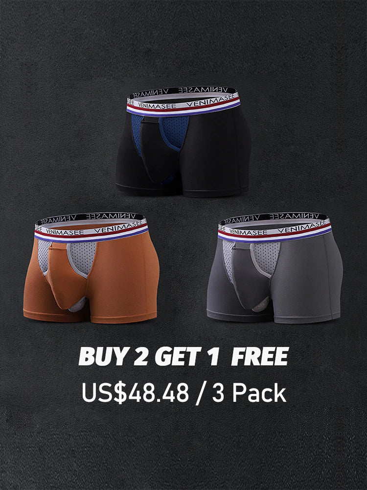 3 Pack Men's Ball Hammock Dual Support Pouch Boxer Briefs -  Black*Brown*Grey / M